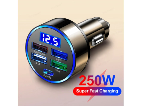 Chargeur Rapide Voiture 250W 7A 5 ports USB-C